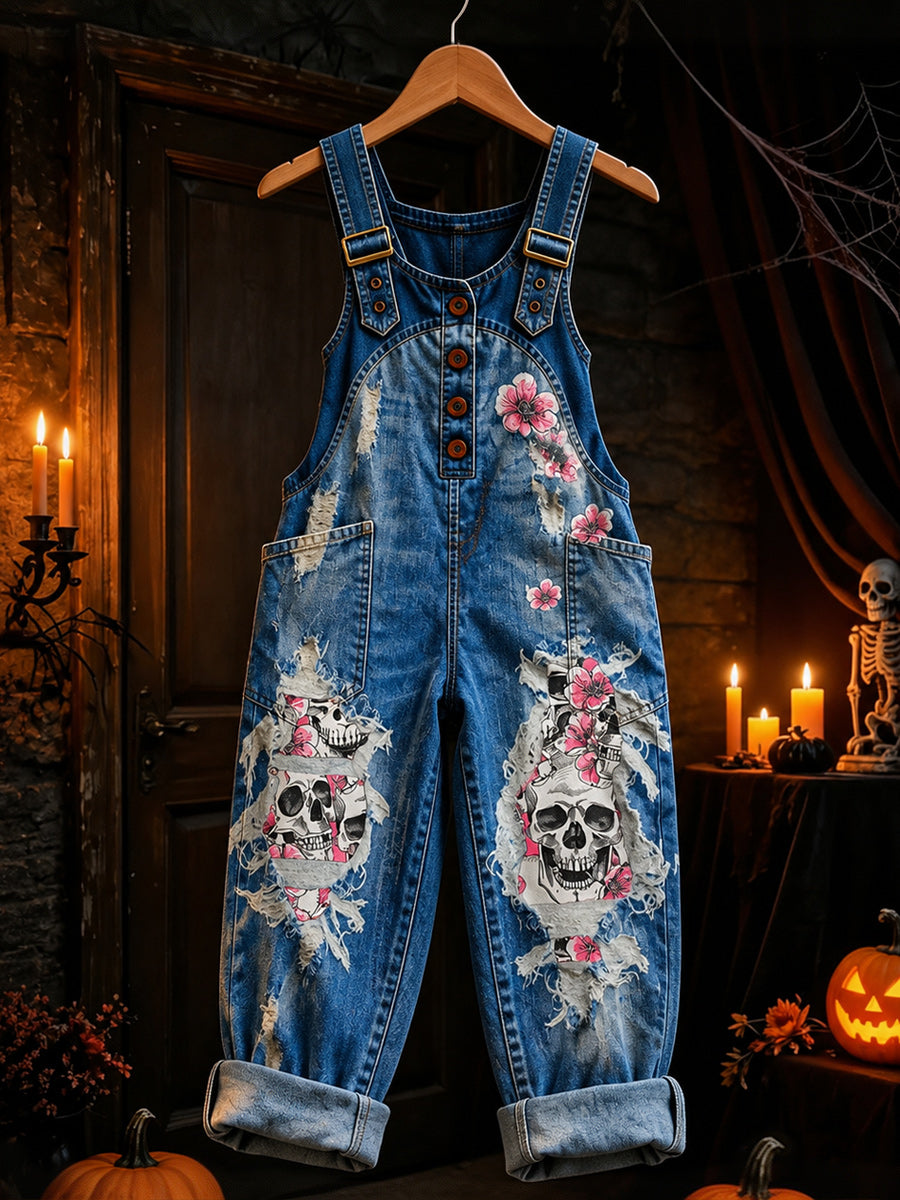 Women's Retro Style Art Print Washed Cotton Denim Patchwork Jumpsuit
